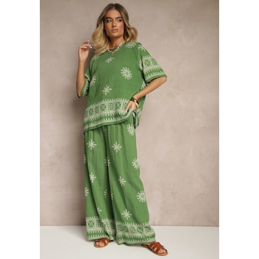 Ciemnozielony Komplet Boho z Wiskozy Szerokie Spodnie i T-shirt z Haftem Zeirae Renee XL wyprzedaż renee.pl