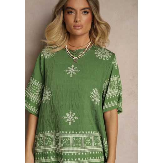 Ciemnozielony Komplet Boho z Wiskozy Szerokie Spodnie i T-shirt z Haftem Zeirae Renee L okazja renee.pl