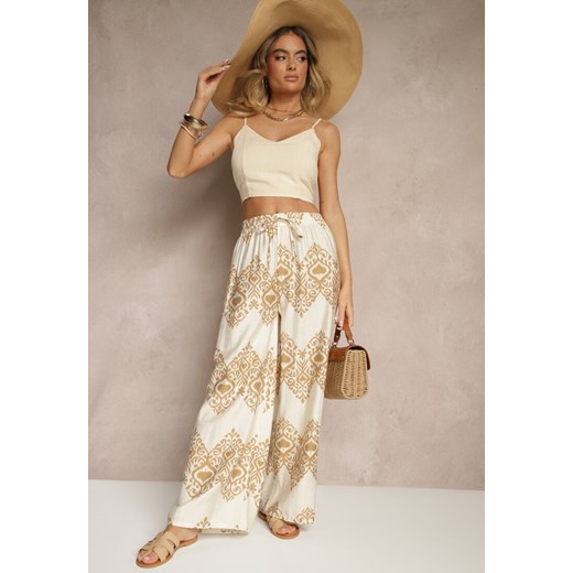 Beżowe Spodnie z Wiskozy o Szerokim Kroju High Waist ze Wzorem Boho Neolissea ze sklepu renee.pl w kategorii Spodnie damskie - zdjęcie 181937420