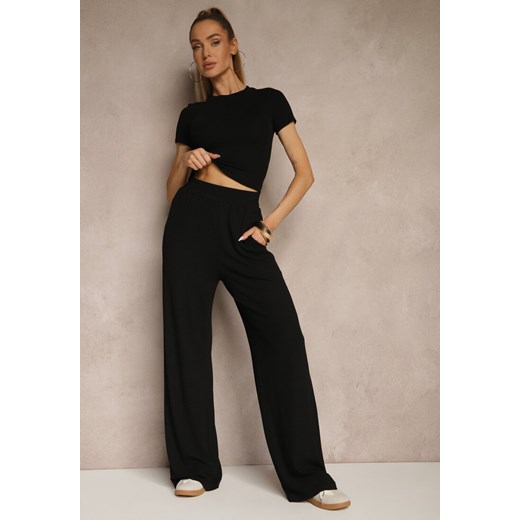 Czarny Komplet z Bawełny T-shirt Typu Crop Top i Spodnie Wide Leg Nelisandra ze sklepu renee.pl w kategorii Komplety i garnitury damskie - zdjęcie 181938921