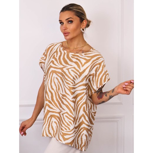 T-SHIRT OVERSIZE W ZEBRĘ Z OZDOBNYMI CYRKONIAMI- BRĄZOWY ze sklepu olika.com.pl w kategorii Bluzki damskie - zdjęcie 181952943