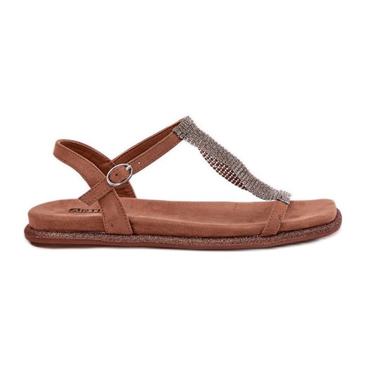 Płaskie Eleganckie Sandały Damskie Z Kryształkami Artiker 56C1365 Brązowe ze sklepu ButyModne.pl w kategorii Sandały damskie - zdjęcie 181955732