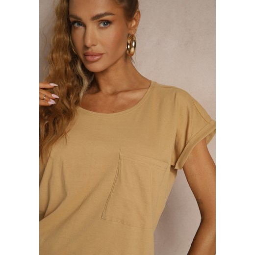 Beżowy Bawełniany T-shirt z Kieszonką Zireanda Renee M okazja renee.pl