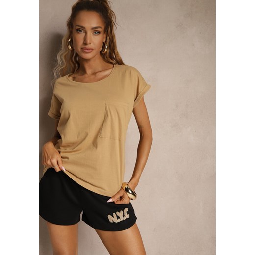 Beżowy Bawełniany T-shirt z Kieszonką Zireanda Renee L okazja renee.pl