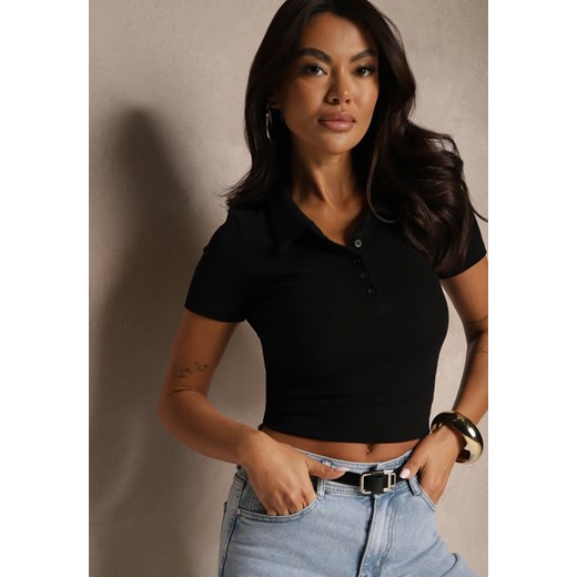 Czarny Prążkowany T-shirt Polo z Bawełny Ozdobiony Guzikami Lilvivia ze sklepu renee.pl w kategorii Bluzki damskie - zdjęcie 181980563