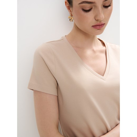 Różowa bluzka damska Mohito z krótkim rękawem z dekoltem w serek 