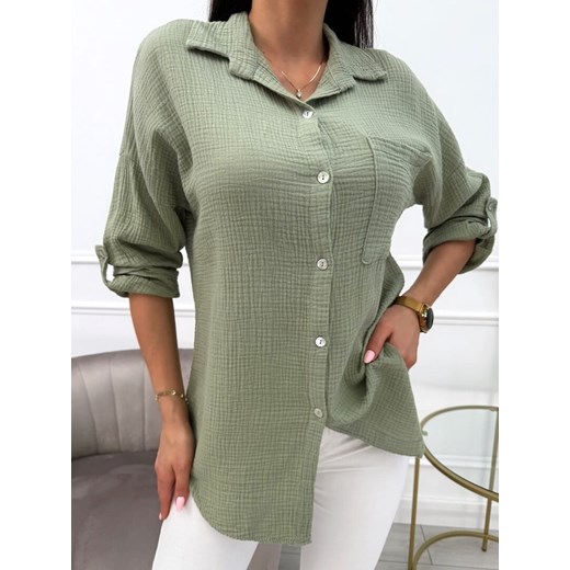 Khaki Bawełniana Koszula z Kieszonką ze sklepu ModnaKiecka.pl w kategorii Koszule damskie - zdjęcie 181993761