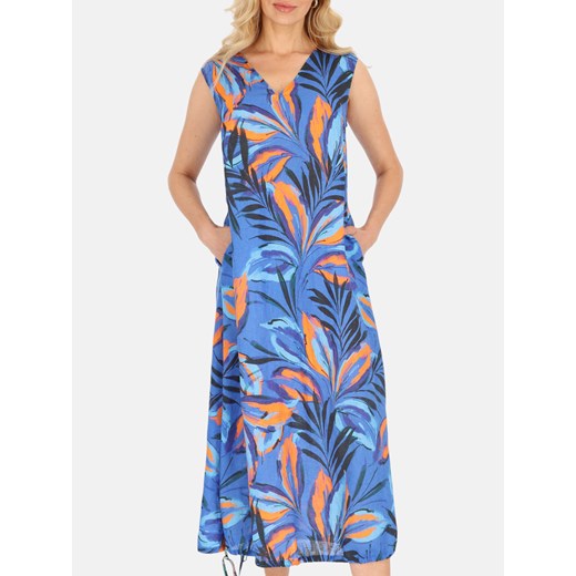 Niebieska lniana sukienka maxi w tropikalne liście L’AF Betta 2 ze sklepu Eye For Fashion w kategorii Sukienki - zdjęcie 181994931