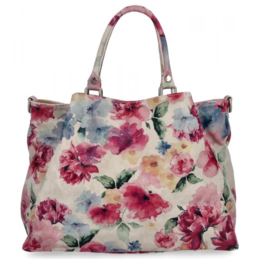 Modna Torebka Skórzana Kuferek w Kwiaty 515-F Beżowa/Różowa ze sklepu PaniTorbalska w kategorii Torby Shopper bag - zdjęcie 181995121