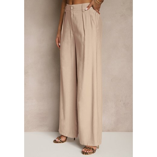 Beżowy Wiskozowy Komplet o Garniturowym Kroju Kamizelka i Spodnie Soreya Renee M promocja renee.pl