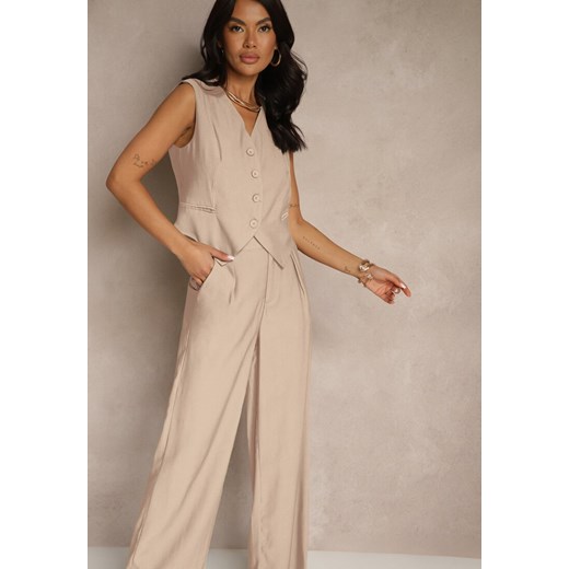 Beżowy Wiskozowy Komplet o Garniturowym Kroju Kamizelka i Spodnie Soreya Renee S renee.pl wyprzedaż