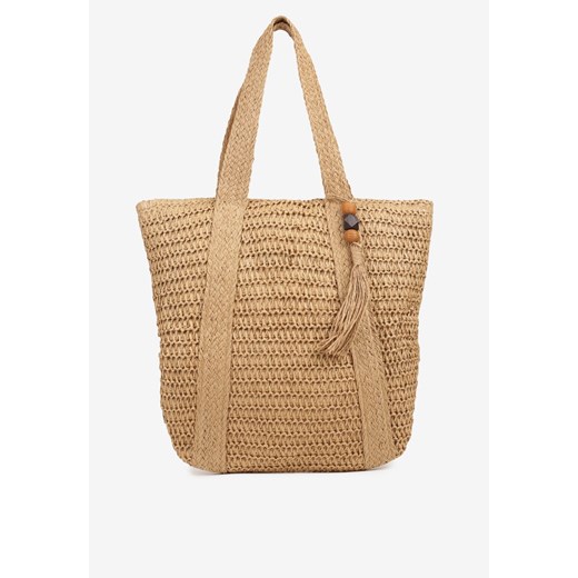 Ciemnobeżowa Pleciona Torebka Shopper w Stylu Plażowym z Ozdobnym Frędzelkiem Galvessa ze sklepu renee.pl w kategorii Torby letnie - zdjęcie 181998982