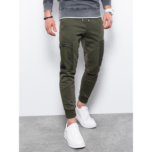 Spodnie męskie dresowe joggery - khaki P917 ze sklepu ombre w kategorii Spodnie męskie - zdjęcie 181999801