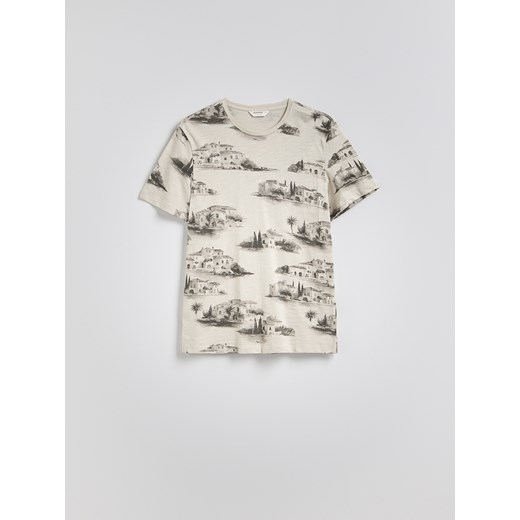 Reserved - T-shirt regular z nadrukiem allover - beżowy Reserved M Reserved