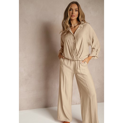Jasnobeżowy Komplet z Wiskozy w Stylu Oversize Szerokie Spodnie i Luźna Koszula na Guziki Natinne ze sklepu renee.pl w kategorii Komplety i garnitury damskie - zdjęcie 182001012