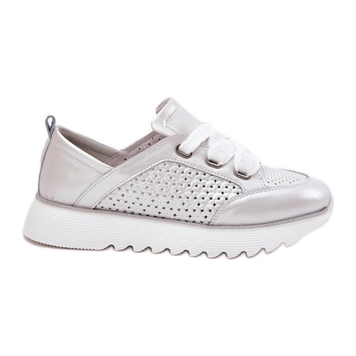 S.Barski Skórzane Sneakersy Damskie Na Platformie LR51-796 Srebrne srebrny ze sklepu ButyModne.pl w kategorii Buty sportowe damskie - zdjęcie 182004511