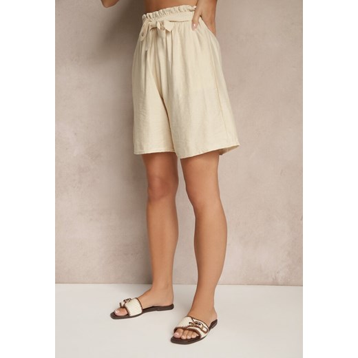 Beżowe Szorty z Wiskozy High Waist Ozdobione Paskiem Lumilirae Renee L renee.pl wyprzedaż