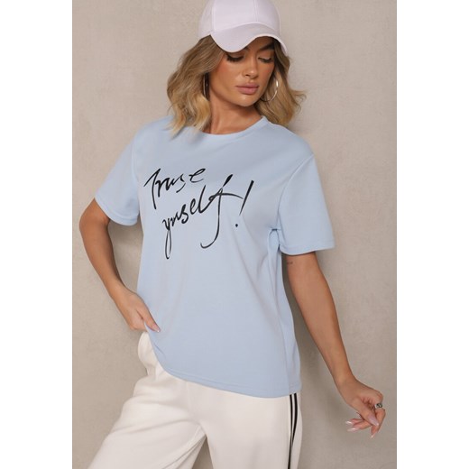 Jasnoniebieski T-shirt Zdobiony Napisem z Brokatem Tezilea Renee M promocja renee.pl
