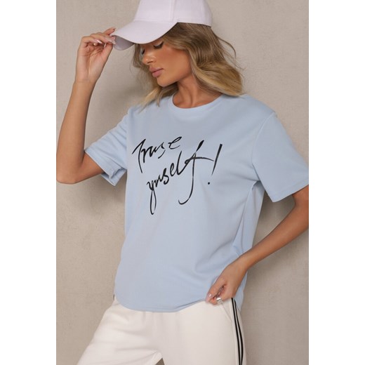 Jasnoniebieski T-shirt Zdobiony Napisem z Brokatem Tezilea Renee L promocja renee.pl