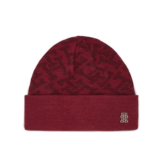 Czapka Tommy Hilfiger Monogram All Over Beanie AW0AW15327 Czerwony ze sklepu eobuwie.pl w kategorii Czapki zimowe damskie - zdjęcie 182036604