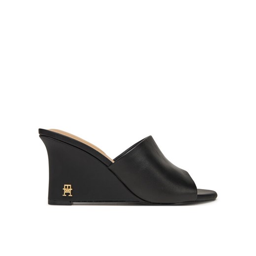 Klapki Tommy Hilfiger Leather Wedge Mule FW0FW08418 Czarny ze sklepu eobuwie.pl w kategorii Klapki damskie - zdjęcie 182078480