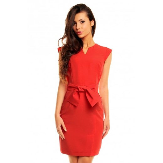 Czerwona elegancka sukienka z paskiem i kokardą KM143 kartes-moda pomaranczowy paski