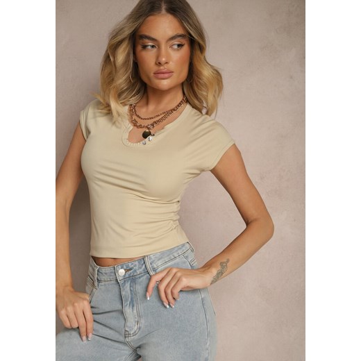Beżowy Dopasowany T-shirt z Ozdobnymi Guziczkami i Wycięciem przy Dekolcie Benolla ze sklepu renee.pl w kategorii Bluzki damskie - zdjęcie 182592854