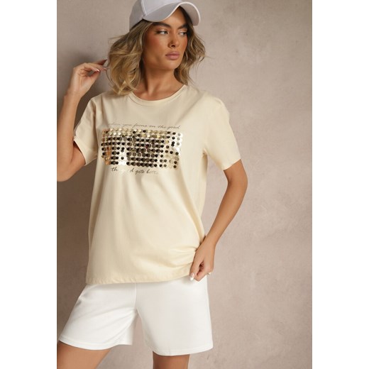 Beżowy T-shirt z Bawełny z Naszytymi Cekinami Avenelli ze sklepu renee.pl w kategorii Bluzki damskie - zdjęcie 182592902