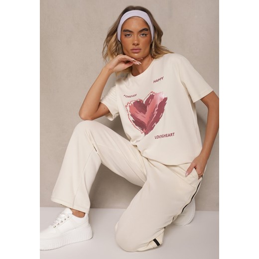 Jasnobeżowy T-shirt z Nadrukiem w Kształcie Serca Palalea ze sklepu renee.pl w kategorii Bluzki damskie - zdjęcie 182592922