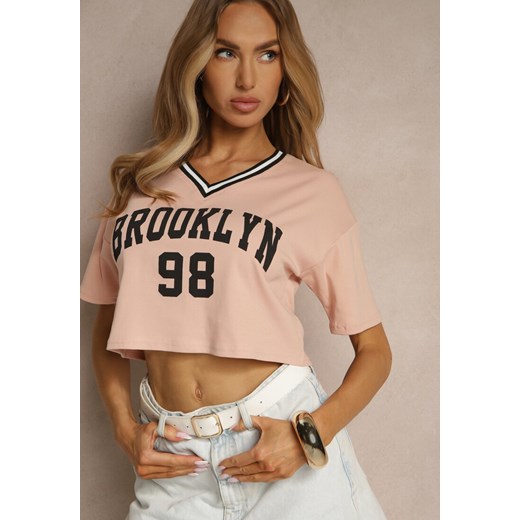 Ciemnoróżowy T-shirt z Bawełny Ozdobiony Napisem Lireline ze sklepu renee.pl w kategorii Bluzki damskie - zdjęcie 182593050