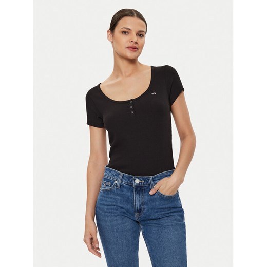 Tommy Jeans T-Shirt Henley DW0DW18669 Czarny Slim Fit ze sklepu MODIVO w kategorii Bluzki damskie - zdjęcie 182594714