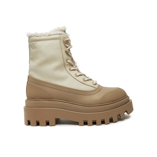 Calvin Klein Jeans Trapery Flatform Lace Up Boot Padded YW0YW01557 Beżowy ze sklepu MODIVO w kategorii Workery damskie - zdjęcie 182597451