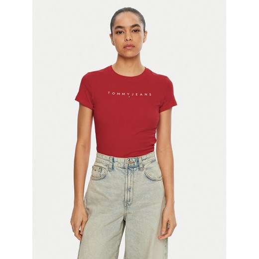 Tommy Jeans T-Shirt Linear DW0DW18398 Czerwony Slim Fit ze sklepu MODIVO w kategorii Bluzki damskie - zdjęcie 182599323
