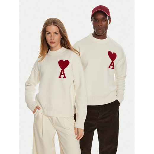 AMI PARIS Sweter BFUKS006018 Écru Regular Fit ze sklepu MODIVO w kategorii Swetry męskie - zdjęcie 182603082