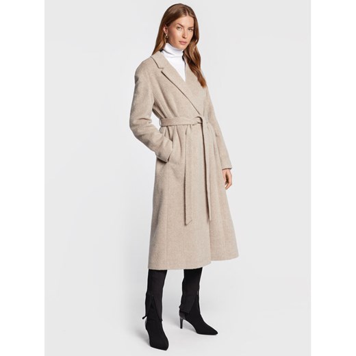 Calvin Klein Płaszcz wełniany Wrap K20K204951 Szary Regular Fit ze sklepu MODIVO w kategorii Płaszcze damskie - zdjęcie 182604070