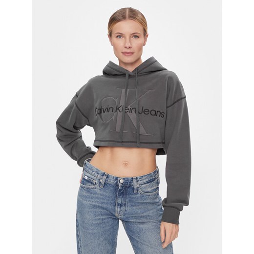 Calvin Klein Jeans Bluza Hero Monologo Short Hoodie J20J222540 Szary Regular Fit ze sklepu MODIVO w kategorii Bluzy damskie - zdjęcie 182605440