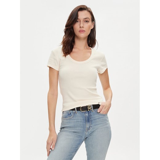 Tommy Hilfiger T-Shirt WW0WW41776 Beżowy Slim Fit ze sklepu MODIVO w kategorii Bluzki damskie - zdjęcie 182616991