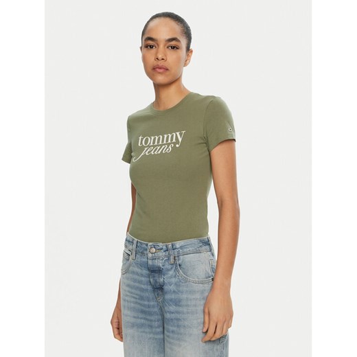 Tommy Jeans T-Shirt Essential DW0DW19447 Zielony Slim Fit ze sklepu MODIVO w kategorii Bluzki damskie - zdjęcie 182619251