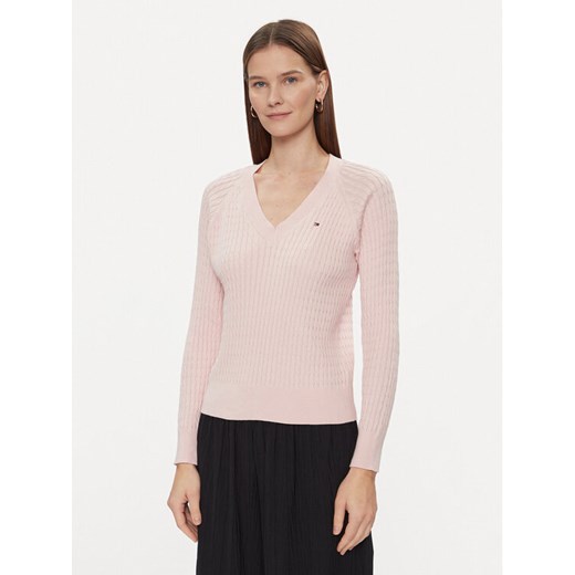 Tommy Hilfiger Sweter Co Cable V-Nk Sweater WW0WW40674 Różowy Regular Fit ze sklepu MODIVO w kategorii Swetry damskie - zdjęcie 182621142