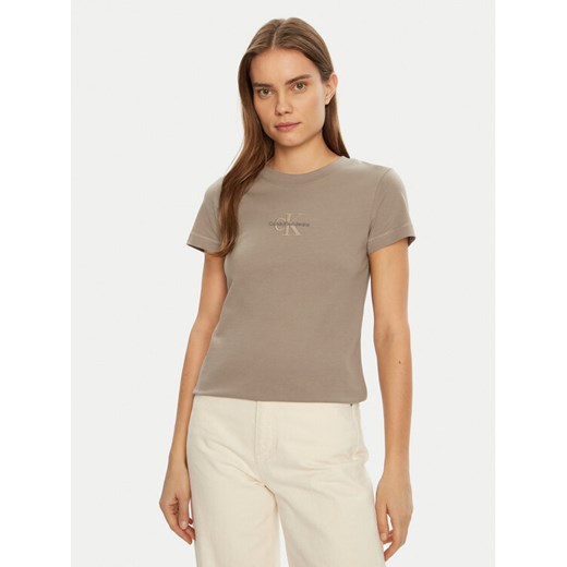Calvin Klein Jeans T-Shirt Monologo J20J223563 Beżowy Slim Fit ze sklepu MODIVO w kategorii Bluzki damskie - zdjęcie 182621443