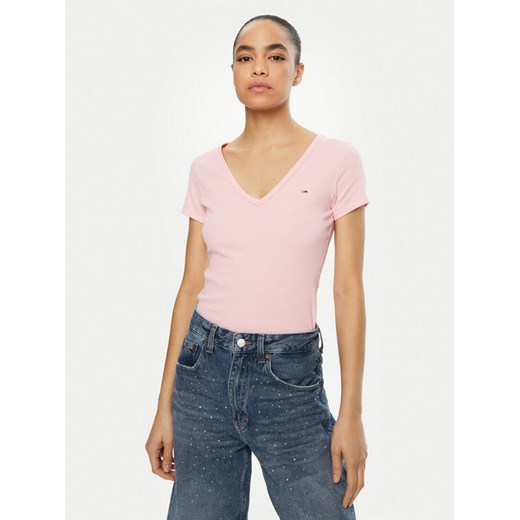 Tommy Jeans T-Shirt Essential DW0DW17385 Różowy Slim Fit ze sklepu MODIVO w kategorii Bluzki damskie - zdjęcie 182624304