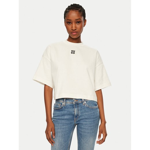 HUGO T-Shirt Cropped Tee 50517790 Écru Relaxed Fit ze sklepu MODIVO w kategorii Bluzki damskie - zdjęcie 182625531