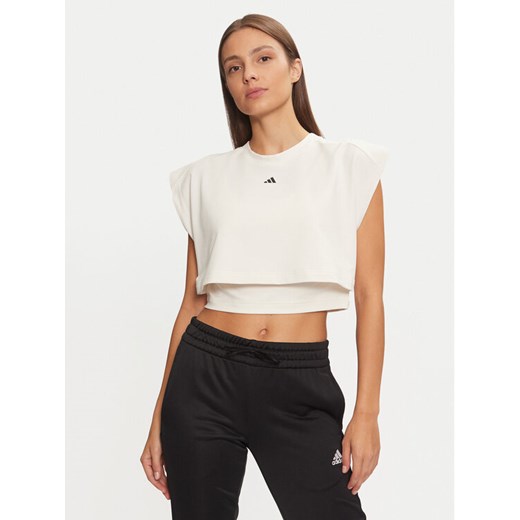 adidas Koszulka techniczna Power Boxy French Terry 3-Stripes IW3188 Écru Slim Fit ze sklepu MODIVO w kategorii Bluzki damskie - zdjęcie 182640014