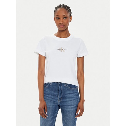 Calvin Klein Jeans T-Shirt Monologo J20J223563 Biały Slim Fit ze sklepu MODIVO w kategorii Bluzki damskie - zdjęcie 182645674