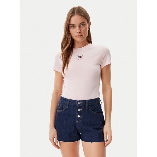 Tommy Jeans T-Shirt Essential DW0DW20316 Różowy Slim Fit ze sklepu MODIVO w kategorii Bluzki damskie - zdjęcie 182652751