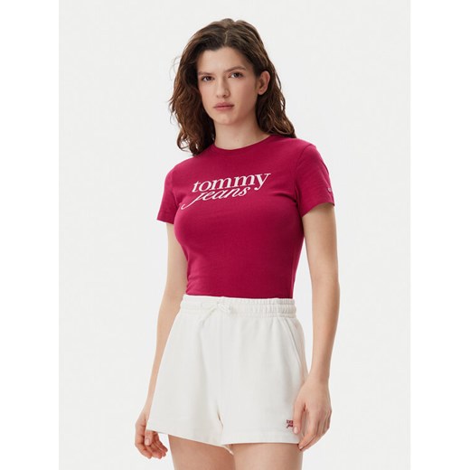 Tommy Jeans T-Shirt Essential DW0DW19447 Różowy Slim Fit ze sklepu MODIVO w kategorii Bluzki damskie - zdjęcie 182656353