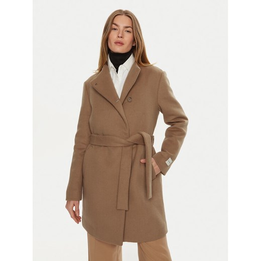 Calvin Klein Płaszcz wełniany K20K207700 Beżowy Regular Fit ze sklepu MODIVO w kategorii Płaszcze damskie - zdjęcie 182657943