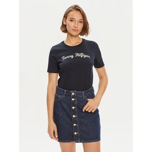 Tommy Hilfiger T-Shirt Script WW0WW42589 Granatowy Regular Fit ze sklepu MODIVO w kategorii Bluzki damskie - zdjęcie 182661750