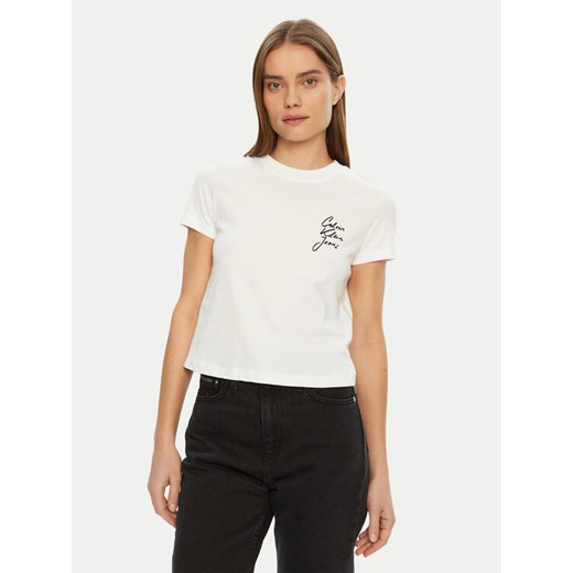 Calvin Klein Jeans T-Shirt Script Institutional J20J224984 Biały Slim Fit ze sklepu MODIVO w kategorii Bluzki damskie - zdjęcie 182662351