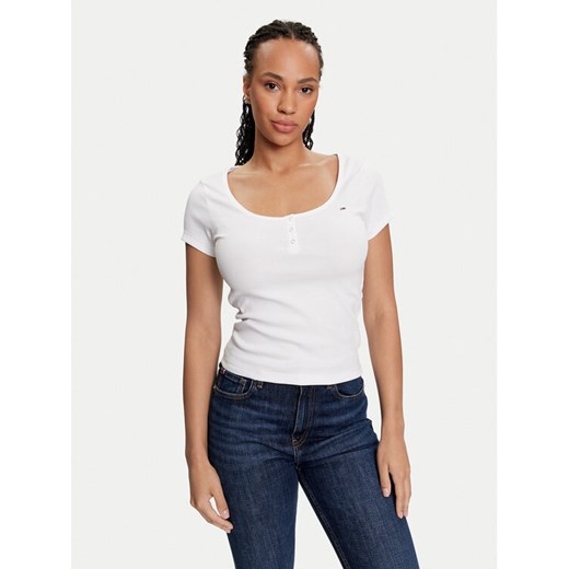 Tommy Jeans T-Shirt Henley DW0DW18669 Biały Slim Fit ze sklepu MODIVO w kategorii Bluzki damskie - zdjęcie 182676491